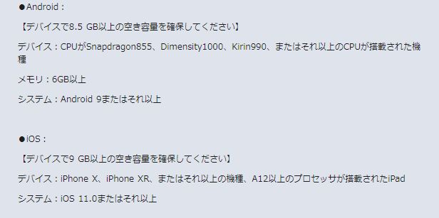 崩壊スターレイルスマホ版（iOS/Android）の推奨スペック